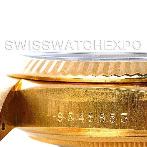 This close-up image shows the side view of the case, bezel, and serial number of a Rolex President 18038 Men
s Yellow Gold Champagne Dial 18038 Men
s Yellow Gold Champagne Dial model watch.