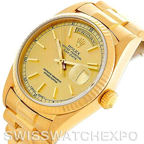 This image shows a close-up angled view of a Rolex President 18038 Men
s Yellow Gold Champagne Dial 18038 Men
s Yellow Gold Champagne Dial model, highlighting the gold dial, crown, and bracelet.