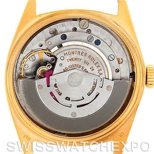 This image shows the movement and internal mechanics of a Rolex President 1803 Men's Yellow Gold Silver Dial 1803 Men's Yellow Gold Silver Dial model watch, viewed from the back.