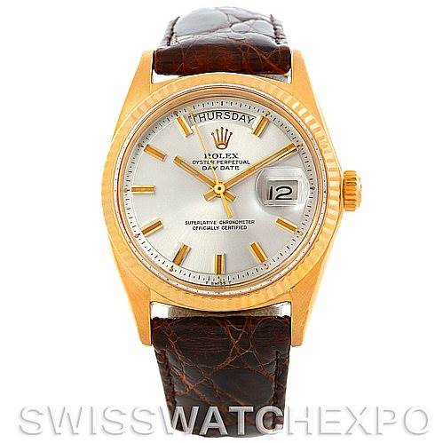 The image shows a front view of a Rolex President 1803 Men's Yellow Gold Silver Dial 1803 Men's Yellow Gold Silver Dial model watch with a leather strap, displaying the face, case, bezel, and crown.