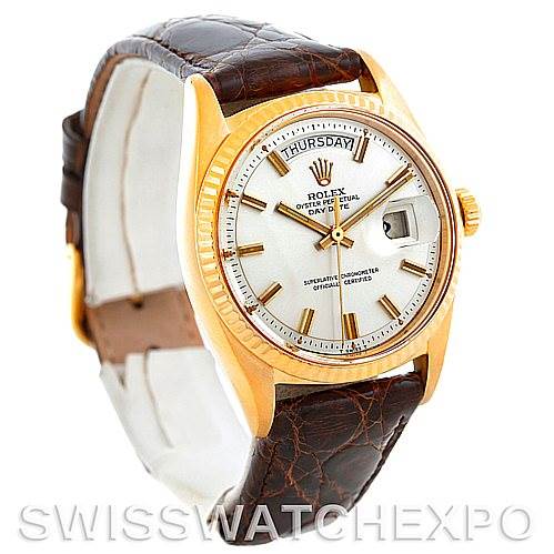 This Rolex President 1803 Men's Yellow Gold Silver Dial 1803 Men's Yellow Gold Silver Dial model watch is shown at a three-quarter angle, highlighting its face, bezel, and strap.