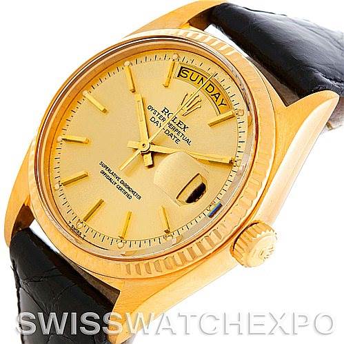 This image shows the front view of a Rolex President 1803 Men
s Yellow Gold Champagne Dial 1803 Men
s Yellow Gold Champagne Dial model watch, highlighting its gold dial, day-date display, and black leather strap.