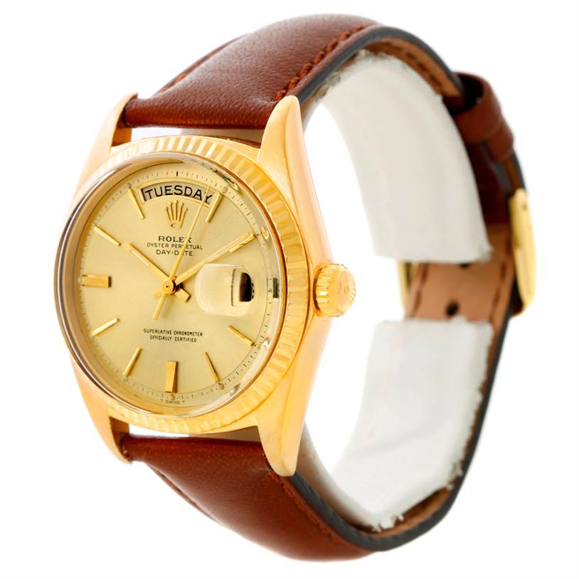 This image shows a Rolex President 1803 Men
s Yellow Gold Champagne Dial 1803 Men
s Yellow Gold Champagne Dial model watch angled from the front-left, showcasing the dial, bezel, crown, and leather strap.