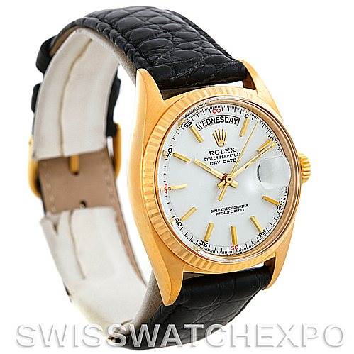 The Rolex President 1803 Men
s Yellow Gold White Dial 1803 Men
s Yellow Gold White Dial model watch is shown at a front angle, highlighting its face, leather strap, and gold case.