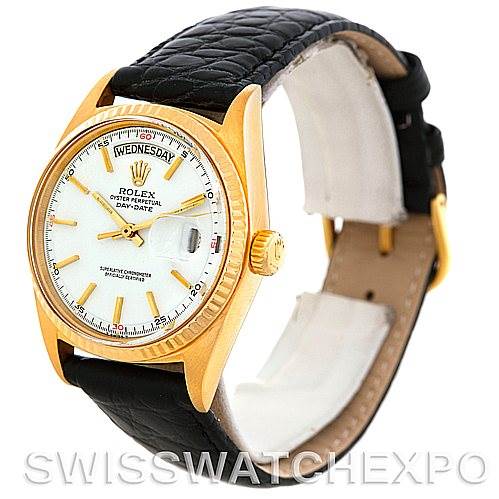 The image shows a side and front view of a Rolex President 1803 Men
s Yellow Gold White Dial 1803 Men
s Yellow Gold White Dial model watch with a gold case and a black leather strap.