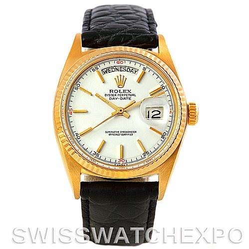 The image shows a front view of a Rolex President 1803 Men
s Yellow Gold White Dial 1803 Men
s Yellow Gold White Dial model watch, displaying the dial, day-date windows, and black leather strap.