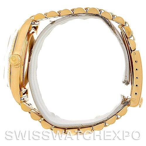 The image shows a side view of the President model by Rolex, focusing on the case, bezel, and bracelet.