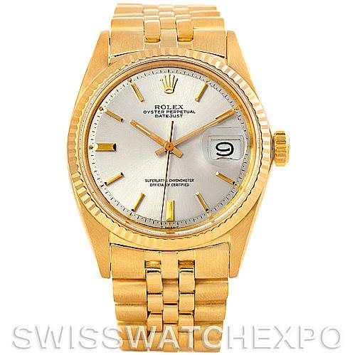 The image shows a front view of the Rolex President 1601 Men
s Yellow Gold Silver Dial 1601 Men
s Yellow Gold Silver Dial model watch, displaying the dial, hands, date, crown, and band.