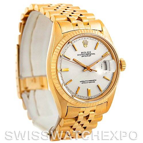 The image shows a Rolex President 1601 Men
s Yellow Gold Silver Dial 1601 Men
s Yellow Gold Silver Dial model watch at an angled front view, displaying the face, bezel, case, and bracelet.