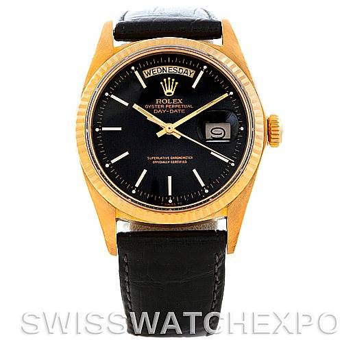 The image shows a front view of a Rolex President 1803 Men's Yellow Gold Black Dial 1803 Men's Yellow Gold Black Dial model watch with a black face, gold case, and black leather strap.