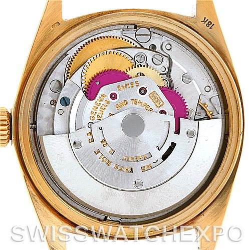 This image shows the back view of the Rolex President 1803 Men's Yellow Gold Black Dial 1803 Men's Yellow Gold Black Dial watch, featuring its internal mechanical movement.