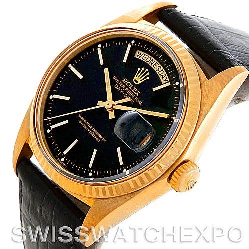 The image shows a side angle of the Rolex President 1803 Men's Yellow Gold Black Dial 1803 Men's Yellow Gold Black Dial model, highlighting the crown, bezel, dial, and strap.