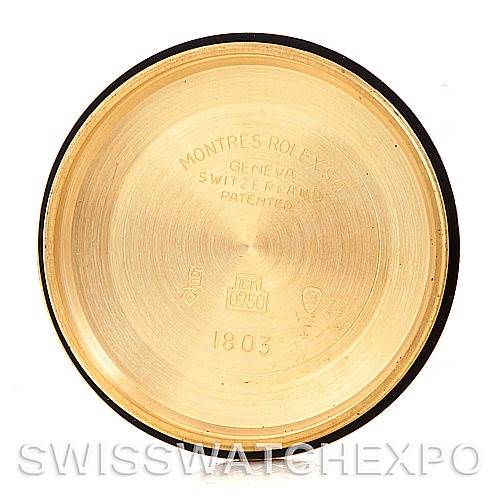 The image shows the case back interior of a Rolex President 1803 Men's Yellow Gold Black Dial 1803 Men's Yellow Gold Black Dial model watch, inscribed with "MONTRES ROLEX S.A."