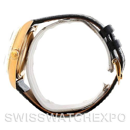 The image shows a Rolex President 1803 Men's Yellow Gold Black Dial 1803 Men's Yellow Gold Black Dial model watch from a side angle, highlighting its case, crown, and leather strap.