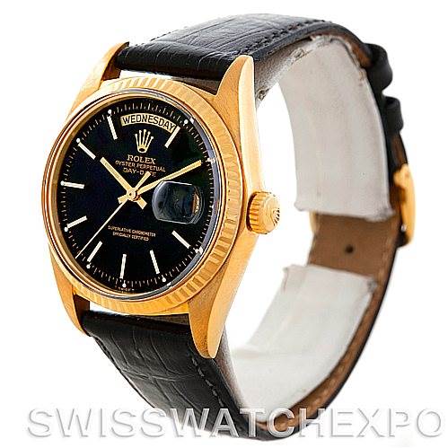 The angle shows a side and front view of the Rolex President 1803 Men's Yellow Gold Black Dial 1803 Men's Yellow Gold Black Dial model watch, highlighting its face, crown, and leather strap.