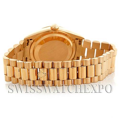 This image shows the back case and bracelet of a Rolex President 18208 Men's Yellow Gold Black Dial 18208 Men's Yellow Gold Black Dial model, focusing on the clasp and underside of the watch.