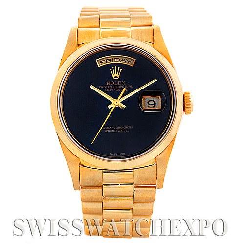 This image shows a front view of a Rolex President 18208 Men's Yellow Gold Black Dial 18208 Men's Yellow Gold Black Dial model, highlighting its gold bracelet and black face with day and date displays.