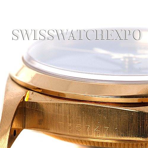 The image shows a close-up side angle of the case and bezel of a Rolex President 18208 Men's Yellow Gold Black Dial 18208 Men's Yellow Gold Black Dial model watch.