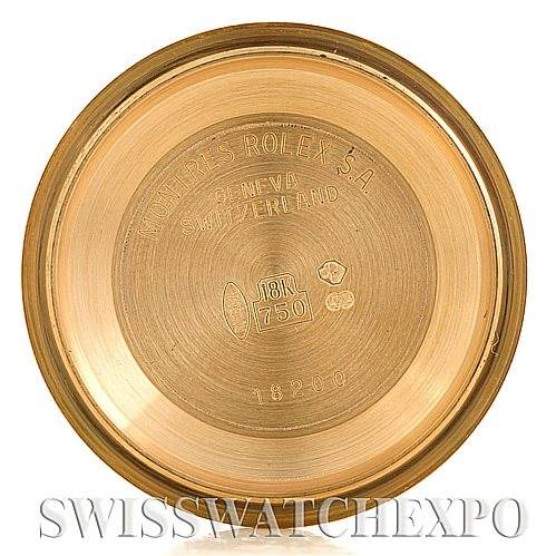 This image shows the inner case back of a Rolex President 18208 Men's Yellow Gold Black Dial 18208 Men's Yellow Gold Black Dial model watch, highlighting branding and gold content markings.