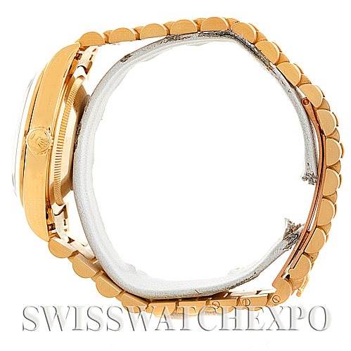 The image shows a side view of the Rolex President 18208 Men's Yellow Gold Black Dial 18208 Men's Yellow Gold Black Dial model watch, highlighting the bracelet and case.