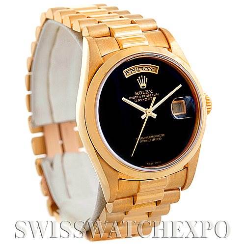 The image shows the Rolex President 18208 Men's Yellow Gold Black Dial 18208 Men's Yellow Gold Black Dial model from a three-quarter angle, displaying the dial, band, and part of the clasp.