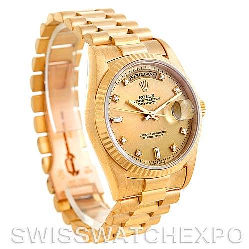 The image shows a Rolex President 18238 Men
s Yellow Gold Champagne Dial 18238 Men
s Yellow Gold Champagne Dial model watch at a three-quarter view angle, highlighting its dial, bracelet, and clasp.