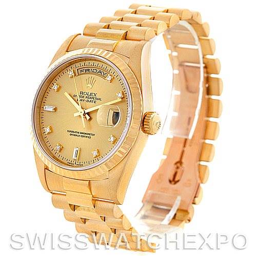 This image shows a Rolex President 18238 Men
s Yellow Gold Champagne Dial 18238 Men
s Yellow Gold Champagne Dial model watch at an angled view, highlighting its gold band, crown, and dial with date display.