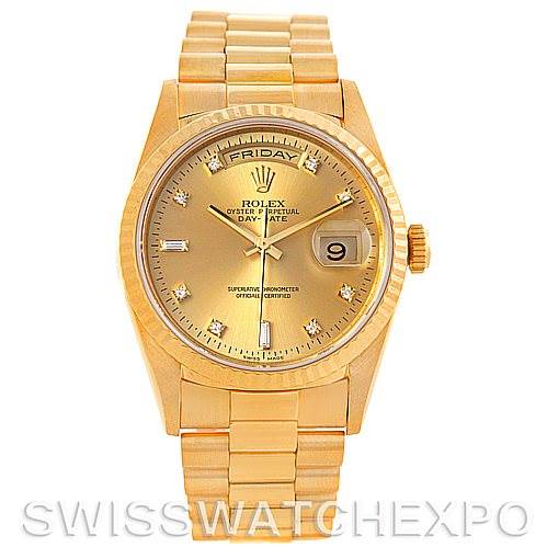 The image shows a frontal view of a Rolex President 18238 Men
s Yellow Gold Champagne Dial 18238 Men
s Yellow Gold Champagne Dial model watch, displaying its dial, bracelet, and day-date features.