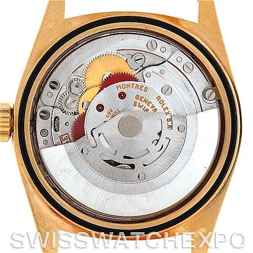 The image shows the internal mechanical movement of a Rolex President 18238 Men
s Yellow Gold Champagne Dial 18238 Men
s Yellow Gold Champagne Dial model watch, viewed from the back.