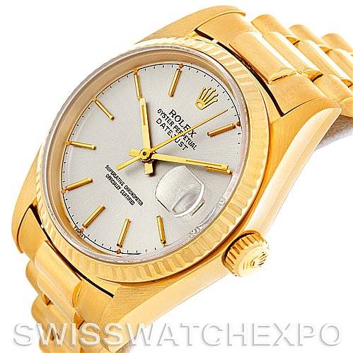 This image shows a Rolex President 16018 Men
s Yellow Gold Silver Dial 16018 Men
s Yellow Gold Silver Dial model watch angled from the front-left, highlighting the dial, bezel, band, and crown.