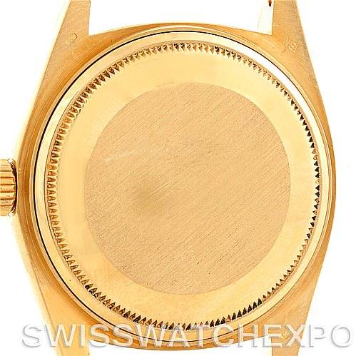 The image shows the back view of a Rolex President 16018 Men
s Yellow Gold Silver Dial 16018 Men
s Yellow Gold Silver Dial model watch case without the band or strap attached.