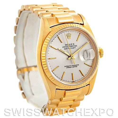 The image shows a front angle of a Rolex President 16018 Men
s Yellow Gold Silver Dial 16018 Men
s Yellow Gold Silver Dial model watch, featuring its dial, bezel, and bracelet.