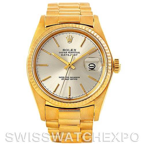 The image shows a front angle of the Rolex President 16018 Men
s Yellow Gold Silver Dial 16018 Men
s Yellow Gold Silver Dial model watch, highlighting its dial, bezel, and bracelet.