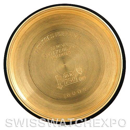 The image shows the interior case back of a Rolex President 16018 Men
s Yellow Gold Silver Dial 16018 Men
s Yellow Gold Silver Dial model watch, highlighting its inscriptions and gold marking.