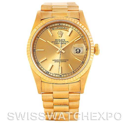 This image shows the front view of a Rolex President 18238 Men
s Yellow Gold Champagne Dial 18238 Men
s Yellow Gold Champagne Dial model watch, displaying the dial, bracelet, and crown.