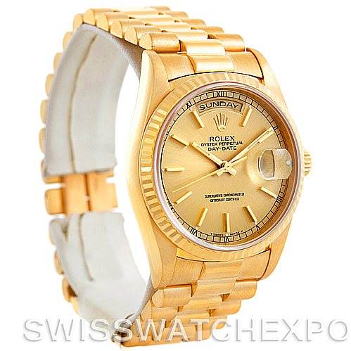This image shows a Rolex President 18238 Men
s Yellow Gold Champagne Dial 18238 Men
s Yellow Gold Champagne Dial Day-Date watch from an angled front-left view, highlighting its gold bracelet and face.
