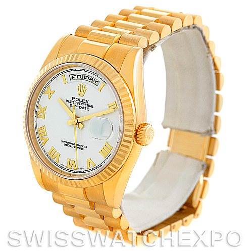 This image shows a Rolex President 118238 Men's Yellow Gold White Dial 118238 Men's Yellow Gold White Dial model watch, featuring the dial, bezel, crown, and President bracelet, photographed from an angled front view.
