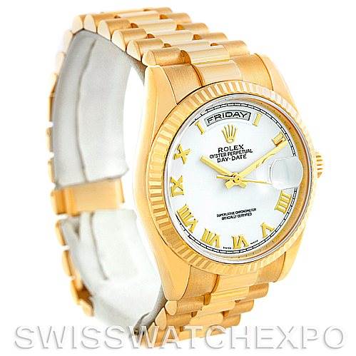The image shows a Rolex President 118238 Men's Yellow Gold White Dial 118238 Men's Yellow Gold White Dial model watch at a slight angle highlighting its gold case, bracelet, and white dial with Roman numerals.