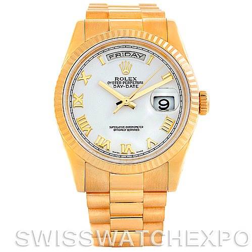 The Rolex President 118238 Men's Yellow Gold White Dial 118238 Men's Yellow Gold White Dial model watch is shown from the front, displaying the dial, bezel, bracelet, and crown.