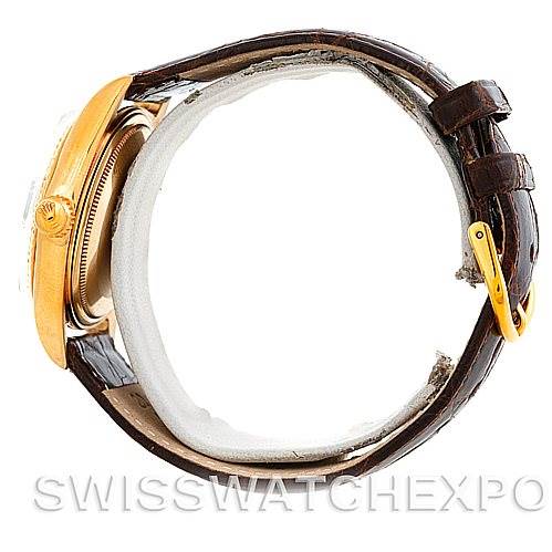 The image shows a side view of a Rolex President 1803 Men's Yellow Gold White Dial 1803 Men's Yellow Gold White Dial model watch, highlighting its case, crown, and leather strap.