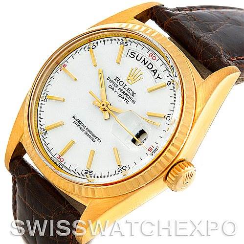 The image shows a close-up angle of the Rolex President 1803 Men's Yellow Gold White Dial 1803 Men's Yellow Gold White Dial watch, highlighting its face, bezel, crown, and leather strap.