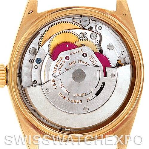 The image shows the internal mechanical components of the Rolex President 1803 Men
s Yellow Gold Champagne Dial 1803 Men
s Yellow Gold Champagne Dial model watch from a rear angle with the back case removed.