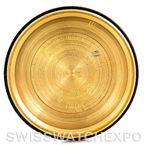 This image shows the inside of the case back of a Rolex President 1803 Men
s Yellow Gold Champagne Dial 1803 Men
s Yellow Gold Champagne Dial model watch.