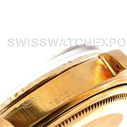 The image shows a close-up view of the side, bezel, and part of the crown guard of the Rolex President 1803 Men
s Yellow Gold Champagne Dial 1803 Men
s Yellow Gold Champagne Dial model watch.