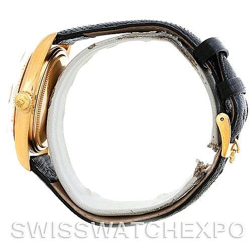 This image shows a side profile of a Rolex President 1803 Men
s Yellow Gold Champagne Dial 1803 Men
s Yellow Gold Champagne Dial watch, highlighting the bezel, crown, and band.