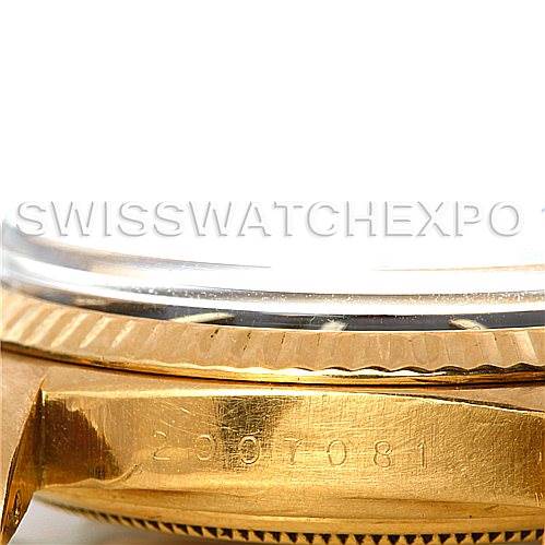 This image shows a close-up side view of the Rolex President 1601 Men's Yellow Gold Black Dial 1601 Men's Yellow Gold Black Dial model, highlighting its case and part of the bezel.