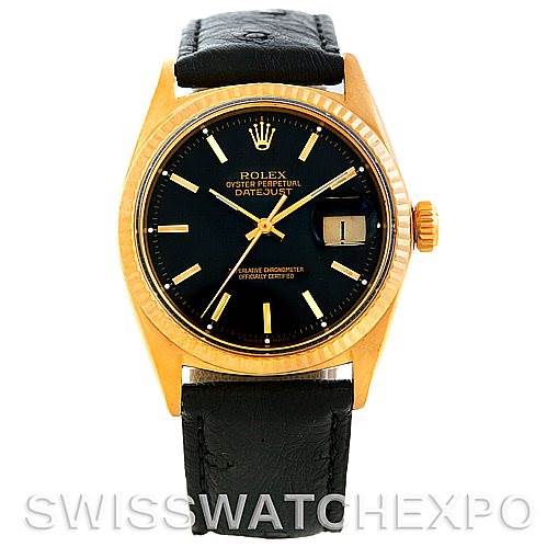 This image shows a front view of a Rolex President 1601 Men's Yellow Gold Black Dial 1601 Men's Yellow Gold Black Dial model watch, highlighting its black dial, gold case, and black leather strap.