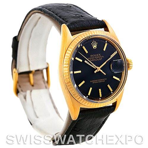The image shows a Rolex President 1601 Men's Yellow Gold Black Dial 1601 Men's Yellow Gold Black Dial model watch with a gold case, black dial, and black leather strap viewed from a front-side angle.