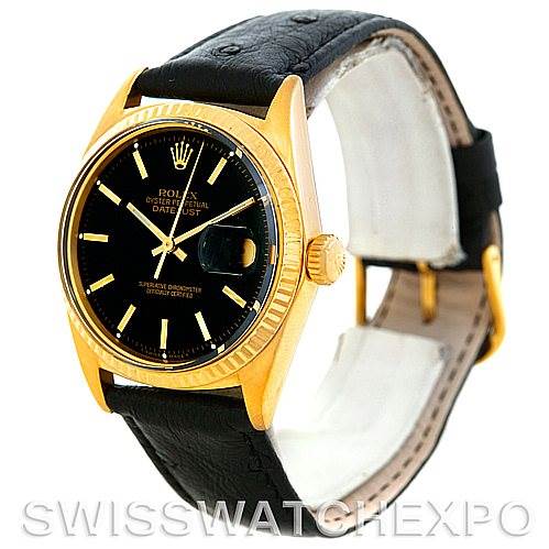 This Rolex President 1601 Men's Yellow Gold Black Dial 1601 Men's Yellow Gold Black Dial model watch is shown at a front angle, displaying its black dial, gold case, and black leather strap.