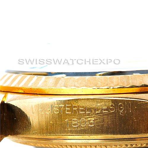 This image shows a close-up side view of the case of a Rolex President 1803 Men's Yellow Gold Black Dial 1803 Men's Yellow Gold Black Dial model, specifically displaying the engraved "REGISTERED DESIGN 1803".